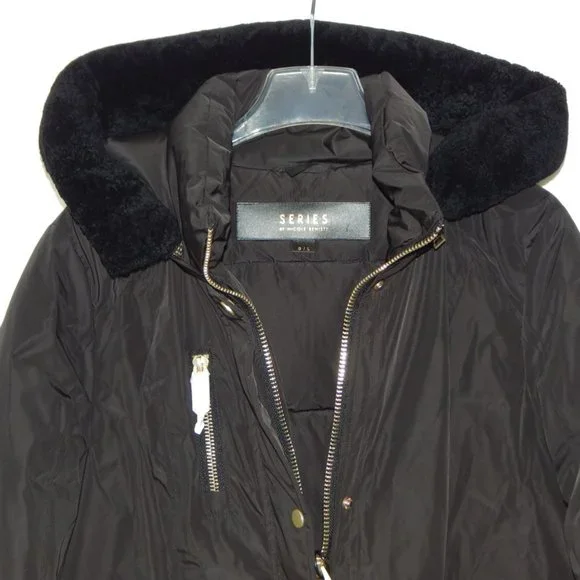 NB Series Nicole Benisti CLAREMONT Shearling Trim Down Parka Coat Black LRG NWT
